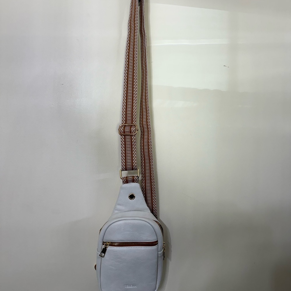 White Crossbody Bag with Brown Strap